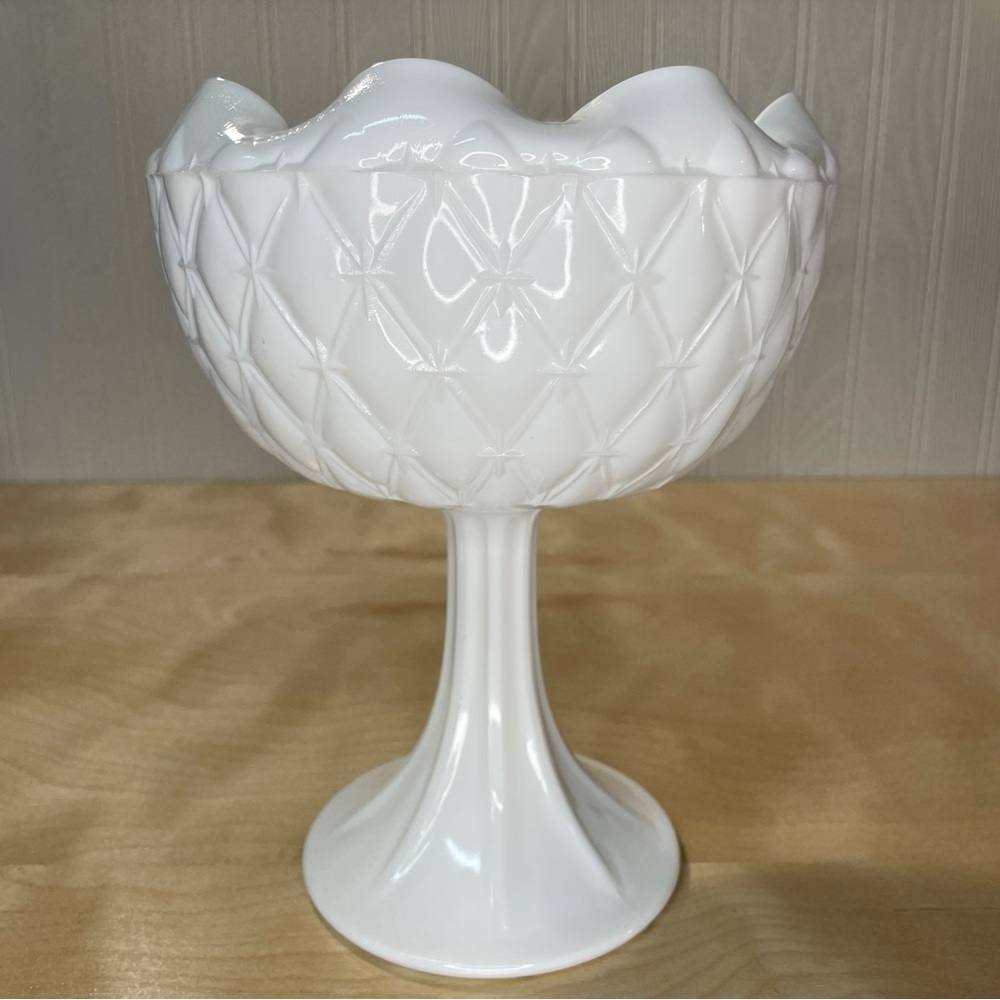 Vintage Oversized Milk Glass Quilted Diamond Pattern Pedestal Bowl -  Pure White